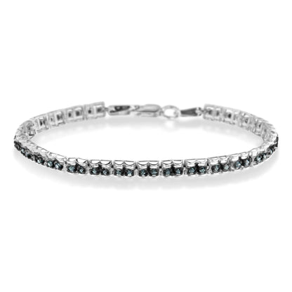 Jewelry Black Rhodium over .925 Sterling Silver 1.0 Cttw Rose Cut Diamond Double-Link 7" Tennis Bracelet (Blue Color, I1-I2 Clarity)