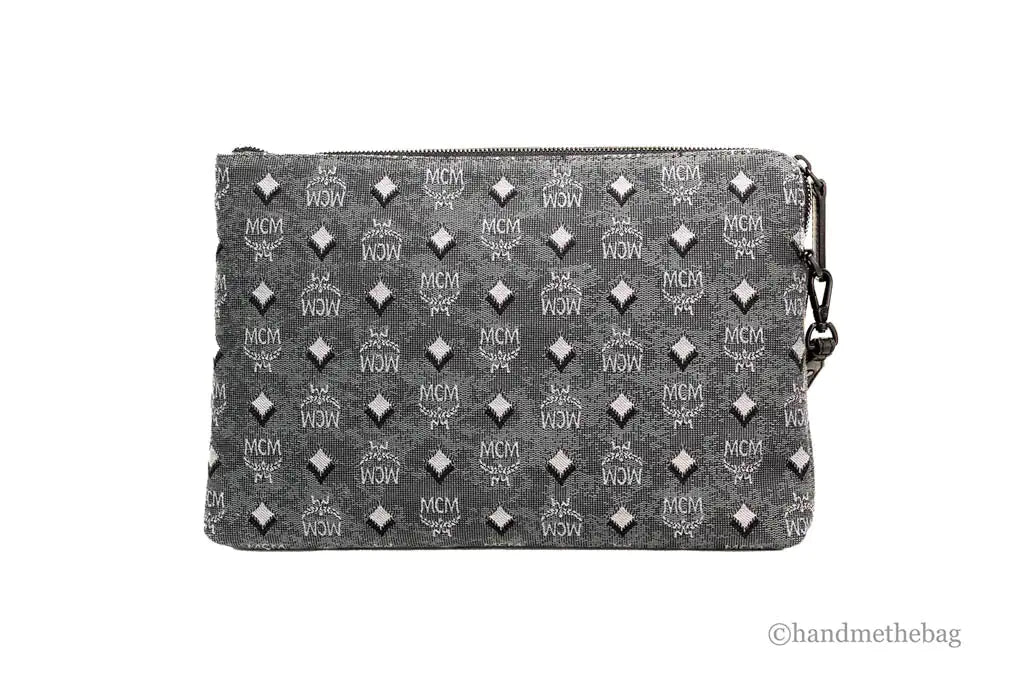 MCM Veritas Medium Dark Grey Denim Monogram Clutch Pouch