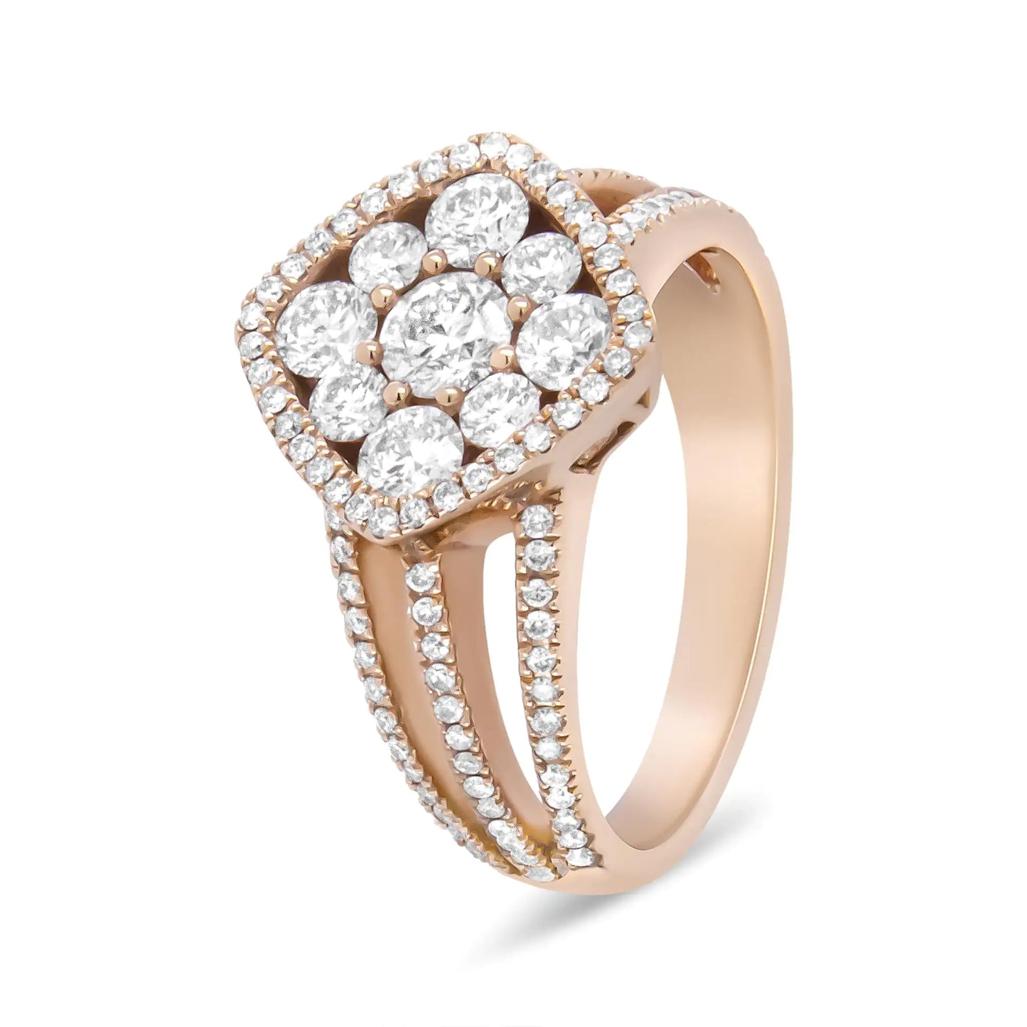 Jewelry - 18K Rose Gold 1 1/4 Cttw Diamond Halo Cluster Split Shank Ring Band (F-G Color, VS1-VS2 Clarity)