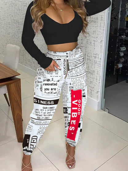 Newspaper Print High Waist Autumn