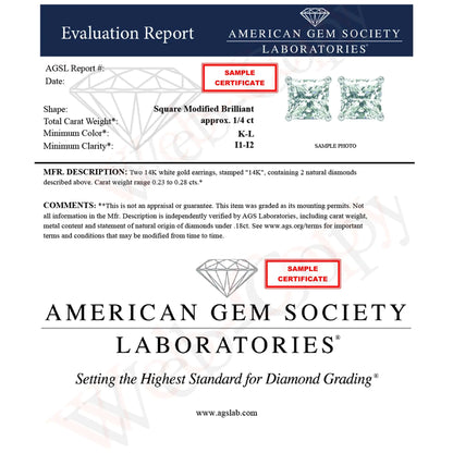 Gioielli - Orecchini a bottone quadrati solitari a 4 punte in oro 14K con diamanti taglio principessa certificati AGS (colore LM, purezza I1-I2)