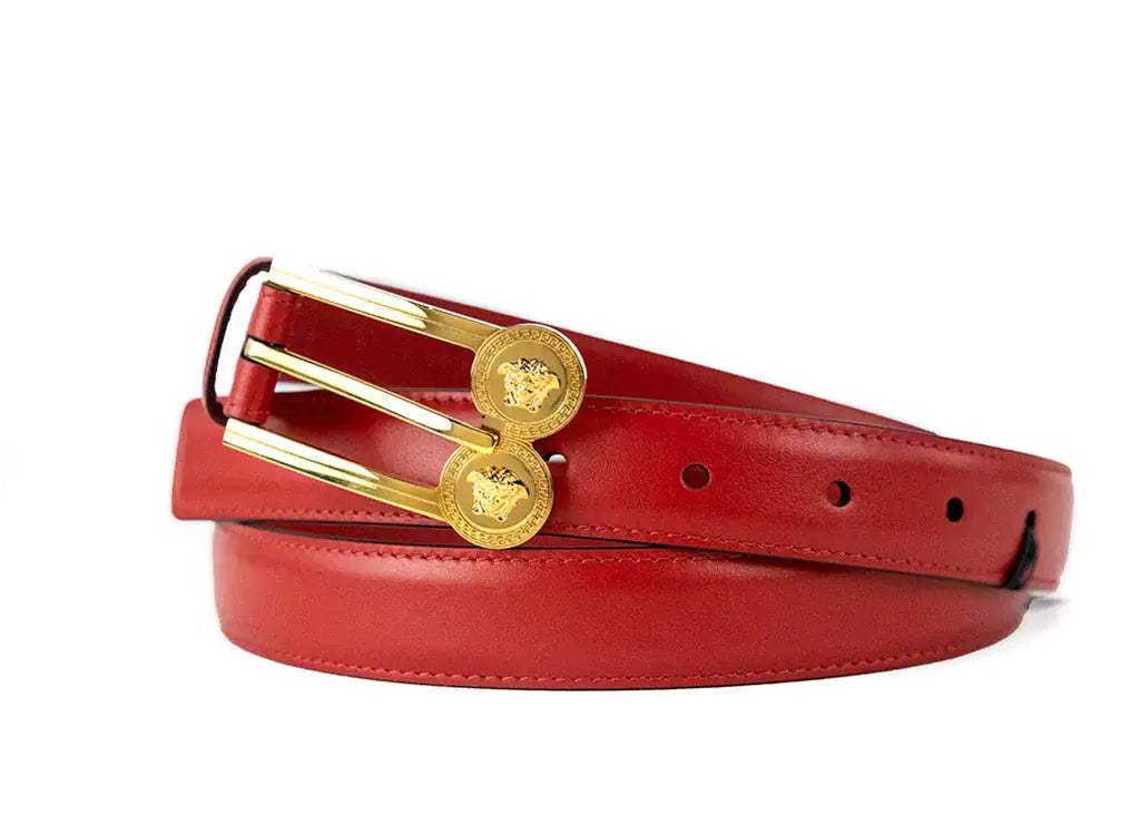 Versace Slim Red Leather Double Medusa Pendant Adjustable Belt