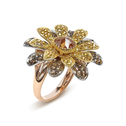 Jewelry - 14K Tri-Toned 3 7/8 Cttw Rose Cut Diamond Cocktail Double Flower and Petal Cocktail Ring (Fancy Color, I1-I2 Clarity) - Size 7