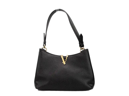 Versace Virtus Small Black Leather Hobo Shoulder Crossbody Bag