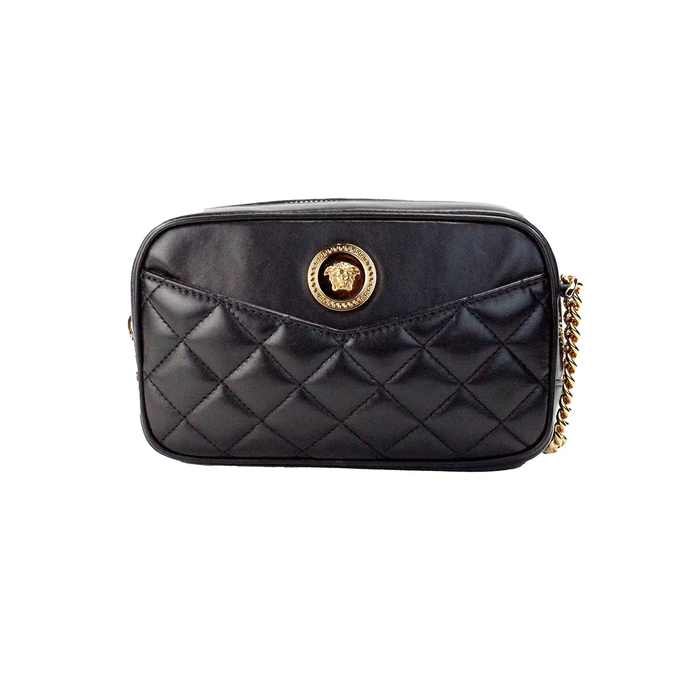 Versace Small Quilted Black Leather Chain Camera Crossbody