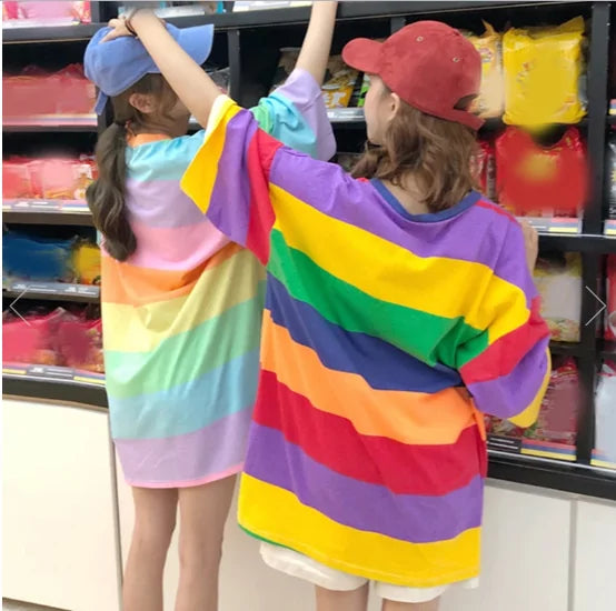 Korean Rainbow Stripes Printed T-shirt