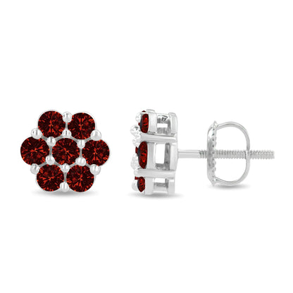 Jewelry - 14K White Gold 1.0 Cttw Treated Red Diamond Prong Set 7 Stone Floral Stud Earrings (Treated Red Color, SI2-I1 Clarity)