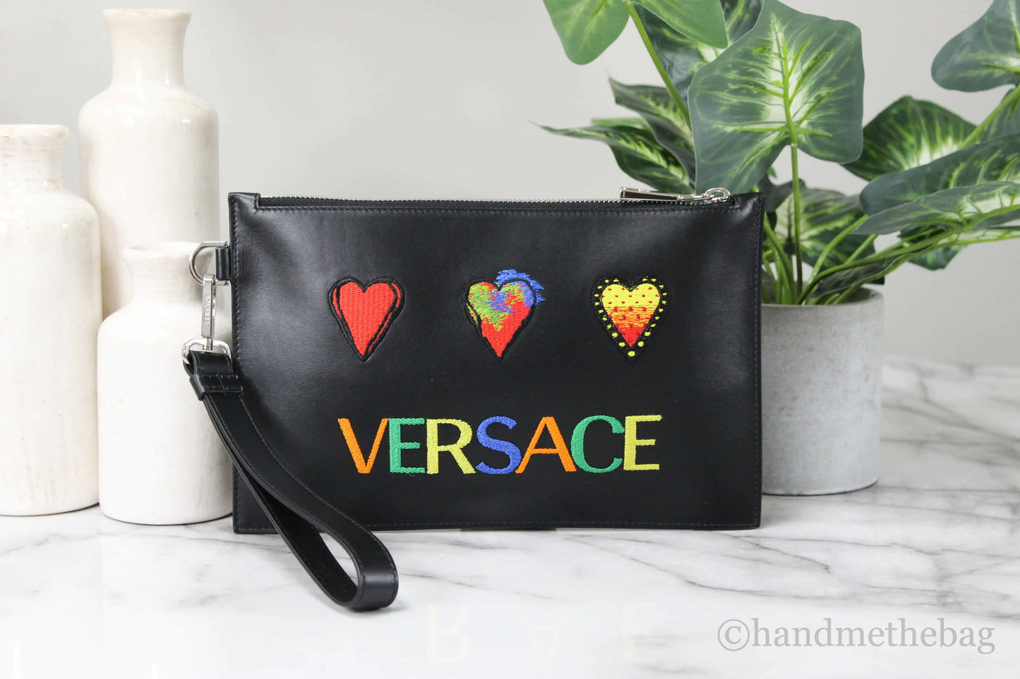 Versace Small Leather Embroidered Heart Patch Clutch