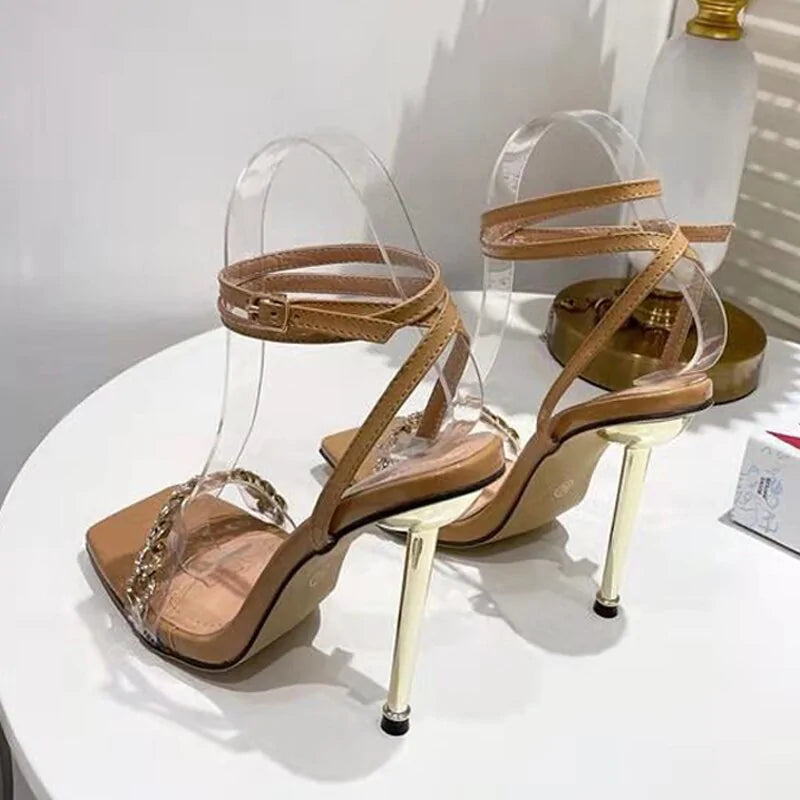 Elegant Clear Crystal Ankle Strap Heels