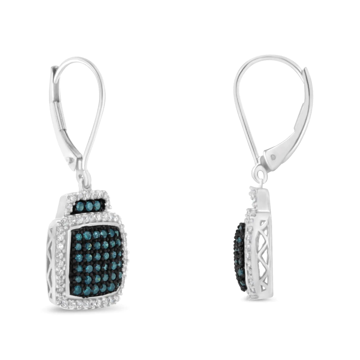 Jewelry Black Rhodium over .925 Sterling Silver ¾ Cttw Blue and White Diamond Cushion Shaped Dangle Earrings (Enhanced Blue & I-J Color, I2-I3 Clarity)