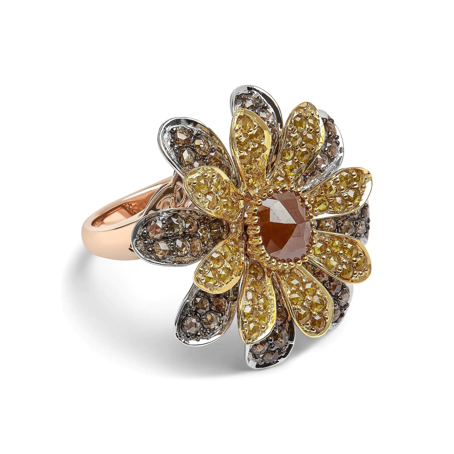 Jewelry - 14K Tri-Toned 3 7/8 Cttw Rose Cut Diamond Cocktail Double Flower and Petal Cocktail Ring (Fancy Color, I1-I2 Clarity) - Size 7