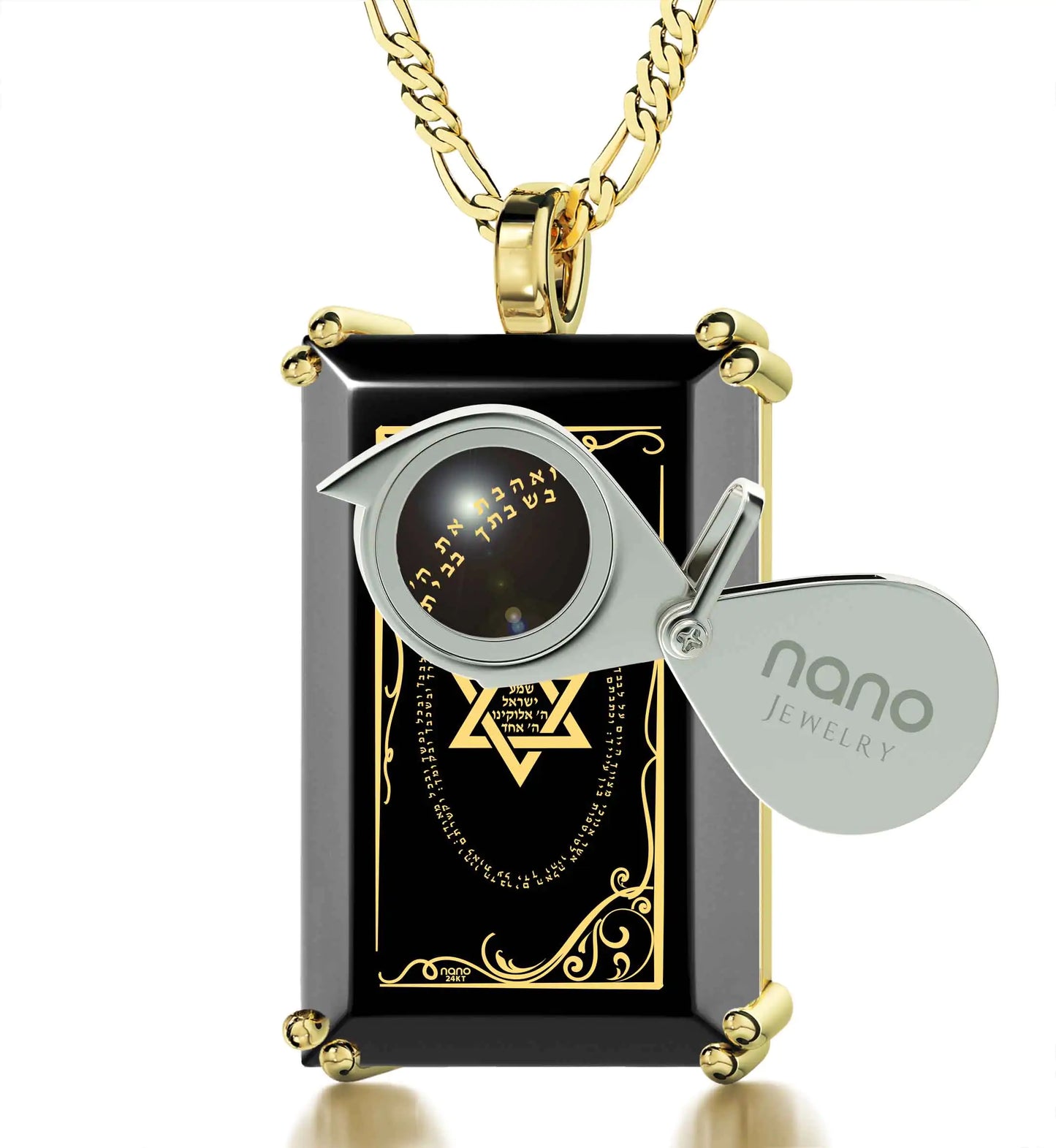 Men's Star of David Necklace Shema Israel Pendant 24k Gold Inscribed on Onyx