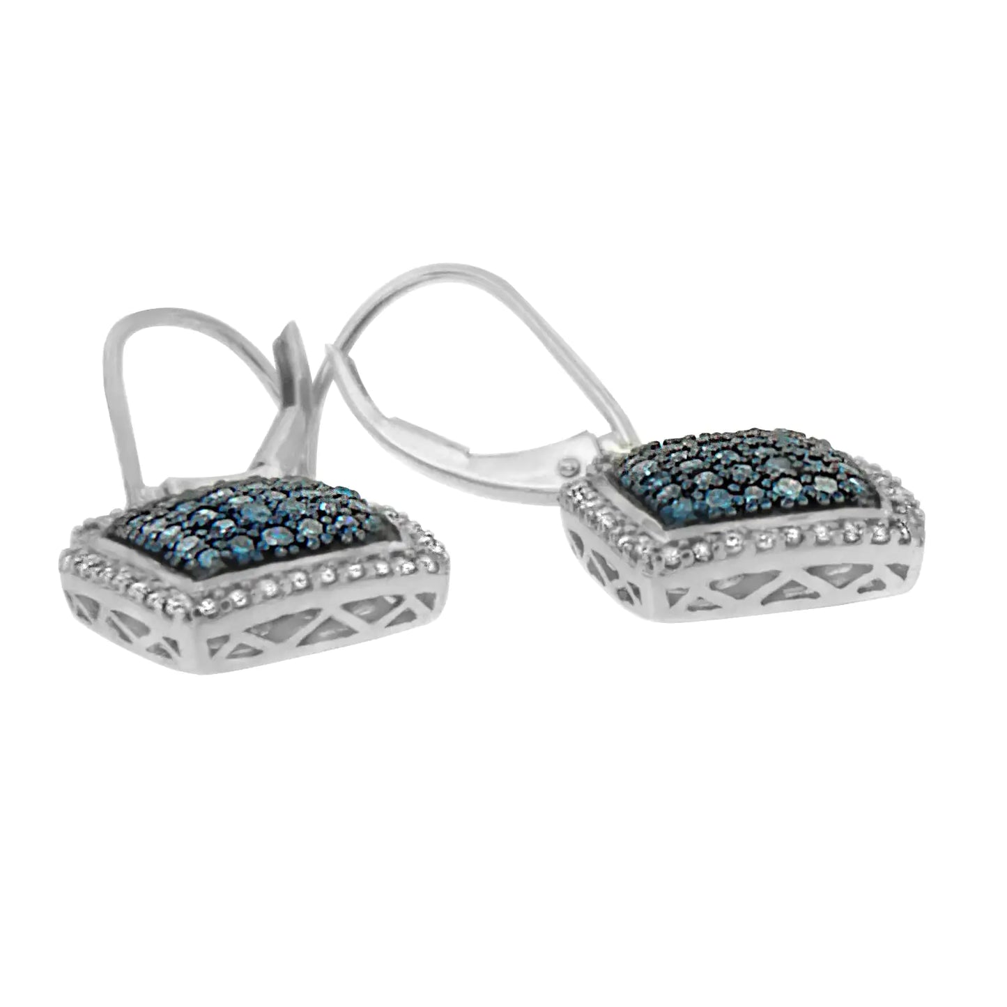 Jewelry Black Rhodium over .925 Sterling Silver ¾ Cttw Blue and White Diamond Cushion Shaped Dangle Earrings (Enhanced Blue & I-J Color, I2-I3 Clarity)