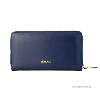 Versace Navy Leather Medusa Continental Clutch Wallet