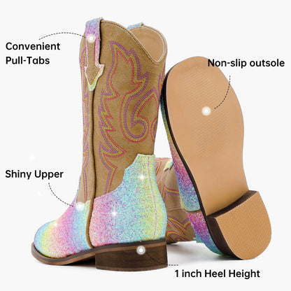 Rainbow Girls Cowgirl Boots Unisex-Child Mid Calf Glitter Toddler Cowboy Boot Little Big Kids Western Riding Shoes 8 Toddler Shiny Rainbow