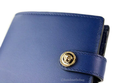 Versace Navy Blue Compact Leather Medusa Snap Bifold Wallet