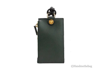 Versace Bottle Green Leather Zip Card Case Lanyard Wallet