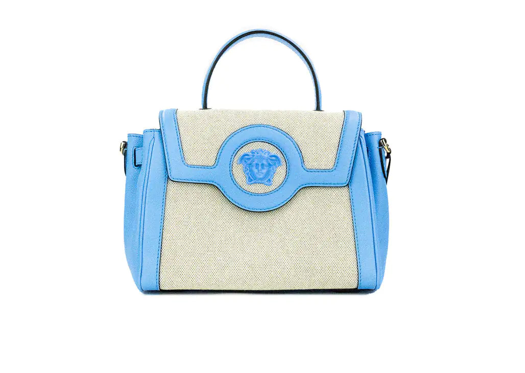 Versace La Medusa Blue Leather Canvas Satchel Tote