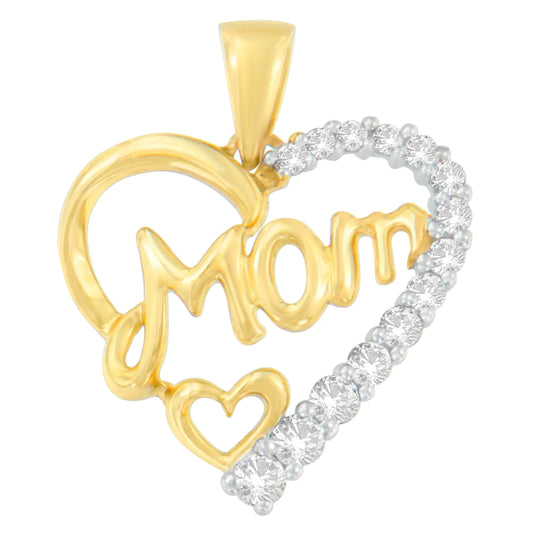 Jewelry - 10K Yellow Gold Round Cut Diamond Mom Heart Pendant Necklace (0.25 cttw, H-I Color, I1-I2 Clarity)