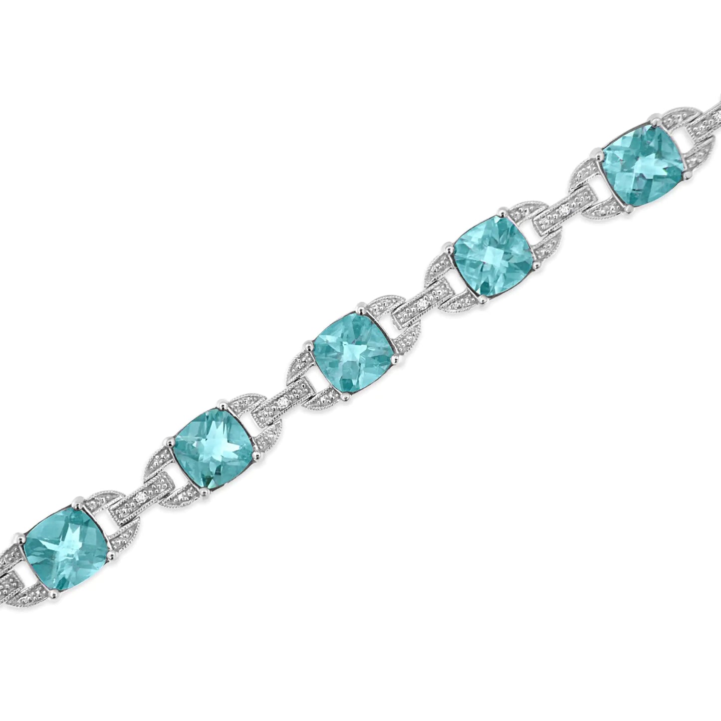 Gioielli - Bracciale tennis alla moda in argento sterling .925 con topazio blu taglio cuscino da 7x7 mm e diamante taglio rotondo da 1/20 cttw (colore IJ, purezza I1-I2) - 7"