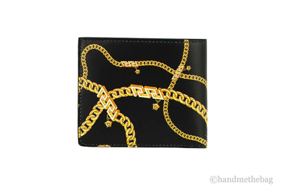 Portafoglio bifold autentico Versace in pelle nera con logo Medusa Chain dorato