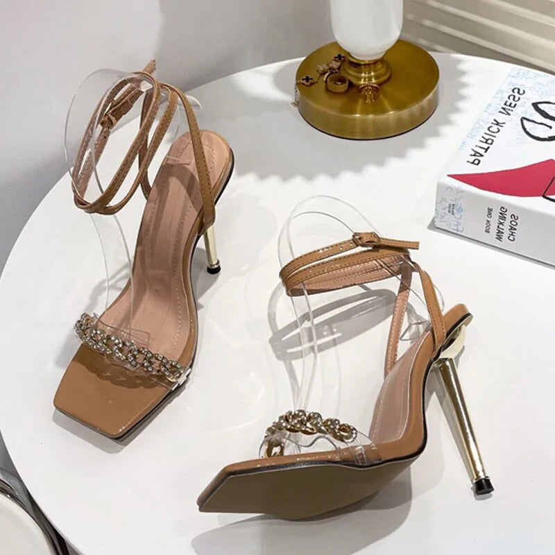 Elegant Clear Crystal Ankle Strap Heels