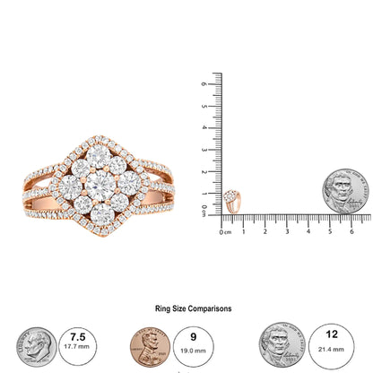 Jewelry - 18K Rose Gold 1 1/4 Cttw Diamond Halo Cluster Split Shank Ring Band (F-G Color, VS1-VS2 Clarity)