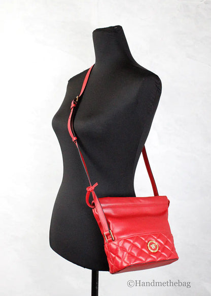 Versace Red Quilted Leather Drawstring Bucket Crossbody Bag