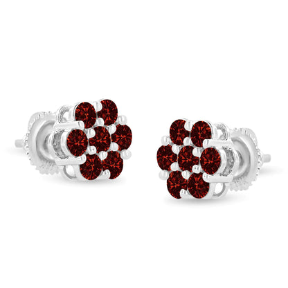 Jewelry - 14K White Gold 1.0 Cttw Treated Red Diamond Prong Set 7 Stone Floral Stud Earrings (Treated Red Color, SI2-I1 Clarity)