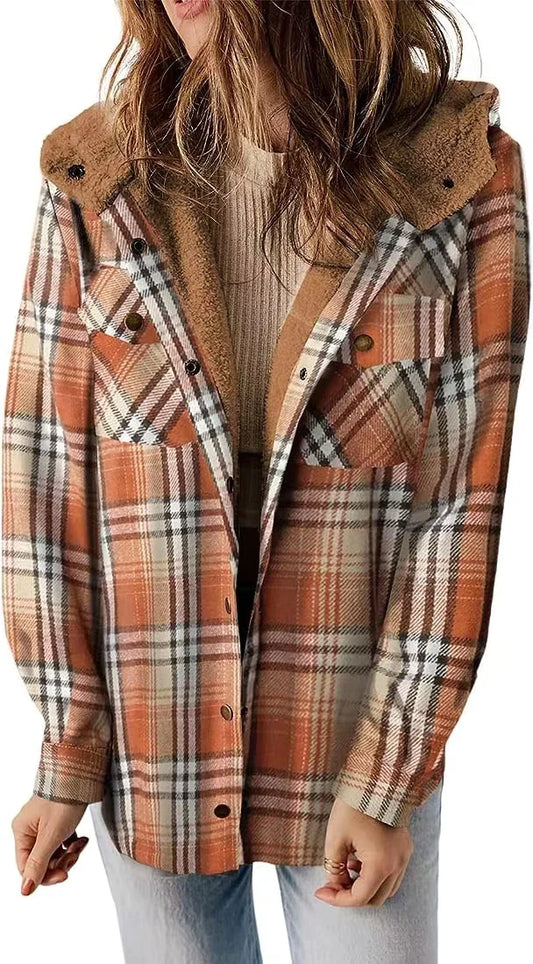 Wool Coat Cozy Plaid Hooded with Fleece Lining