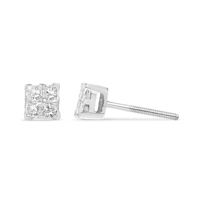 Jewelry - 14K White Gold 1/2 Cttw Invisible-Set Princess Diamond Quad Cluster Stud Earrings (H-I Color, SI1-SI2 Clarity)