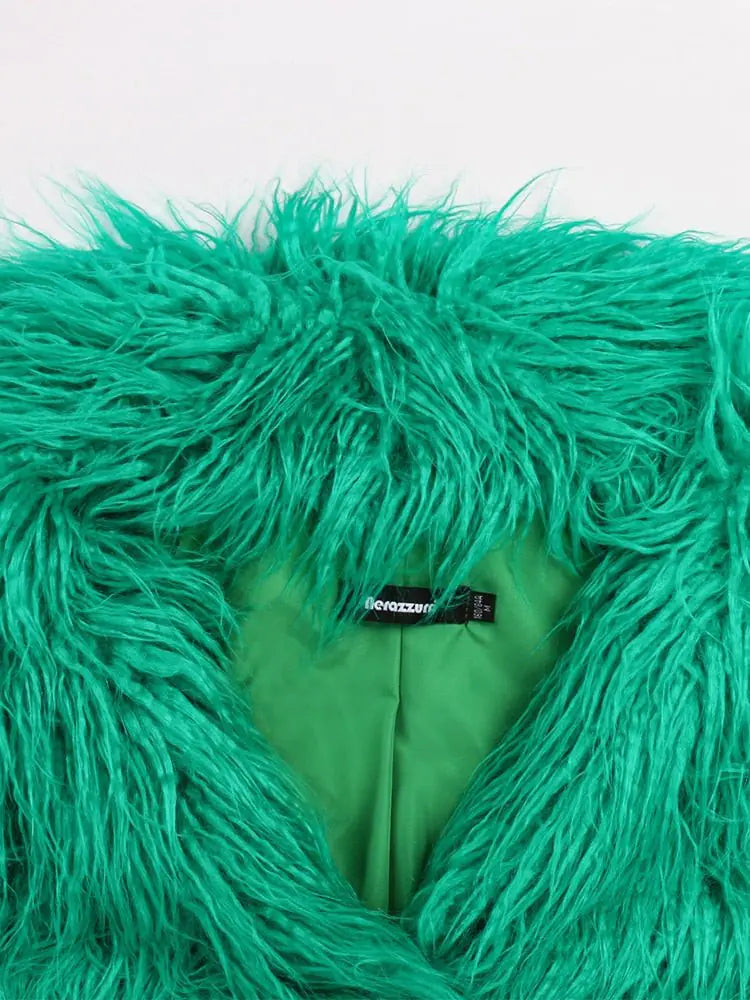 "Rainbow Galore Top Pick" Elegant Shaggy Green Faux Fur Jacket