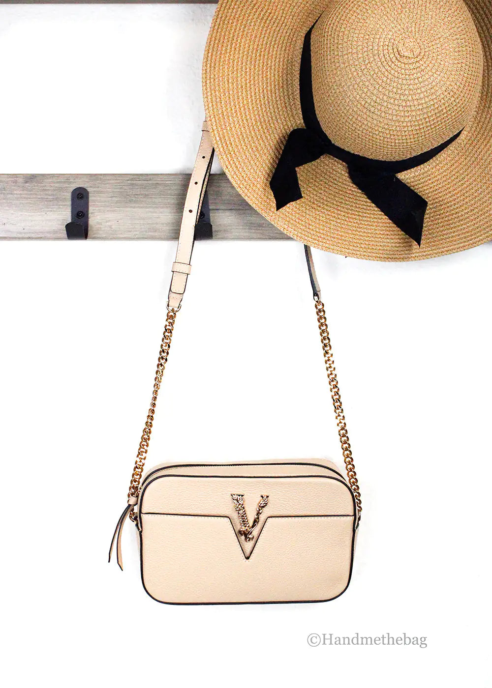 Versace Virtus Small Beige Leather Camera Crossbody Bag