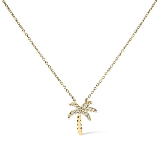 Jewelry - 10K Yellow Gold 1/10 Cttw Round Diamond Palm Tree 18" Inch Pendant Necklace (H-I Color, I1-I2 Clarity)