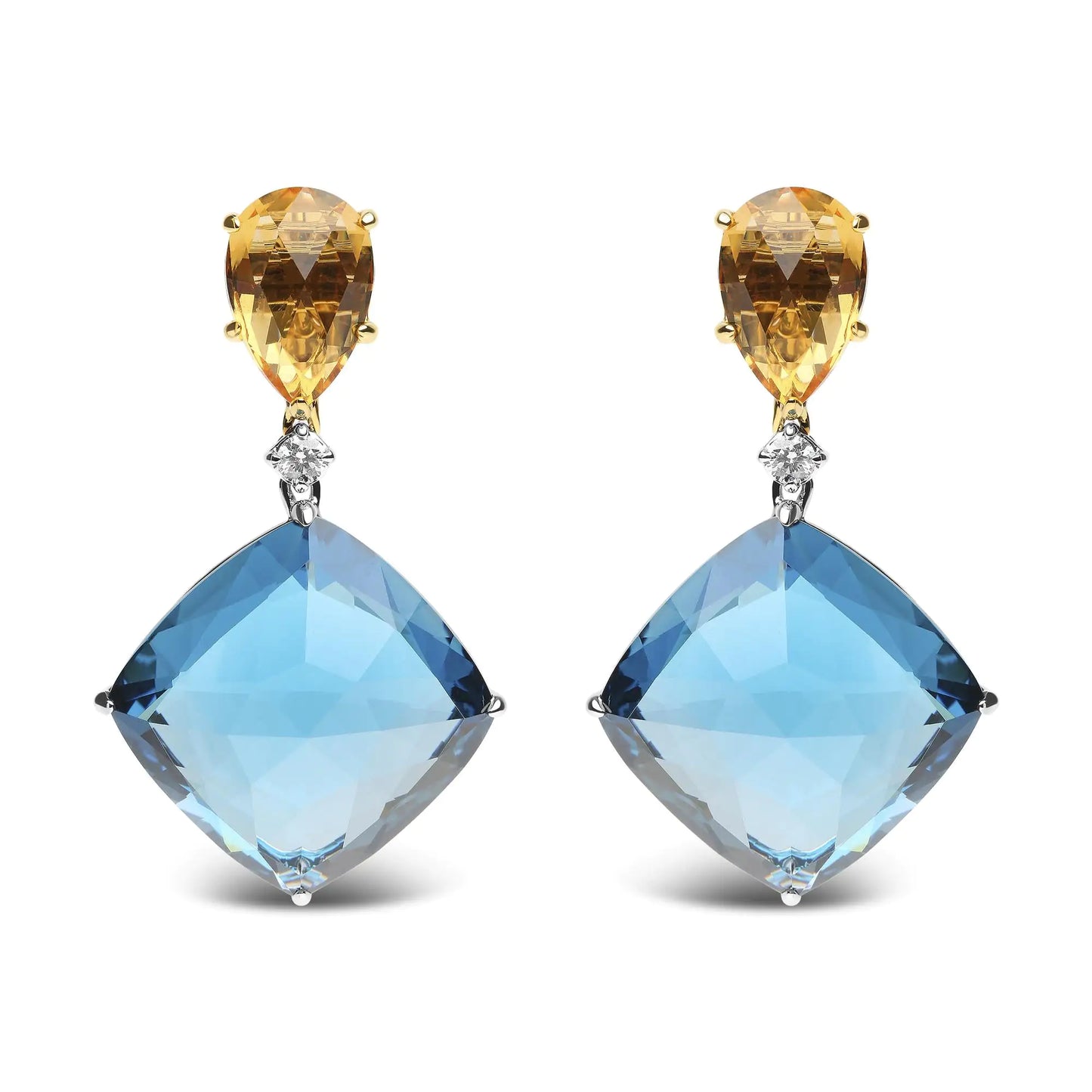 Jewelry - 18K White and Yellow Gold 1/6 Cttw Diamond with Pear Cut Yellow Citrine and 20mm Cushion Cut Blue Topaz Gemstone Dangle Earrings (G-H Color, SI1-SI2 Clarity)