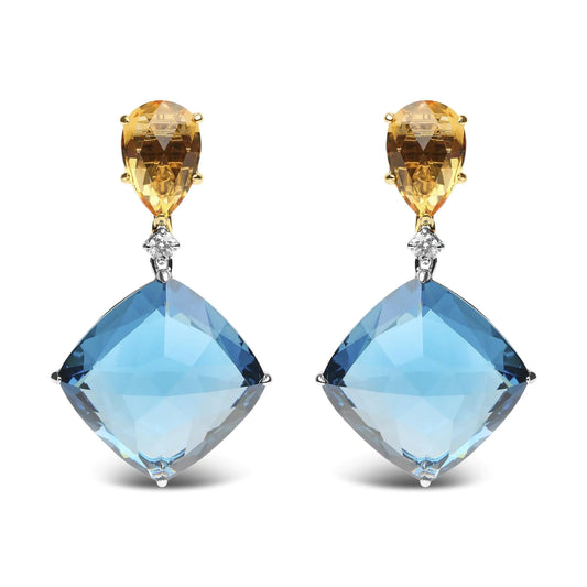 Jewelry - 18K White and Yellow Gold 1/6 Cttw Diamond with Pear Cut Yellow Citrine and 20mm Cushion Cut Blue Topaz Gemstone Dangle Earrings (G-H Color, SI1-SI2 Clarity)