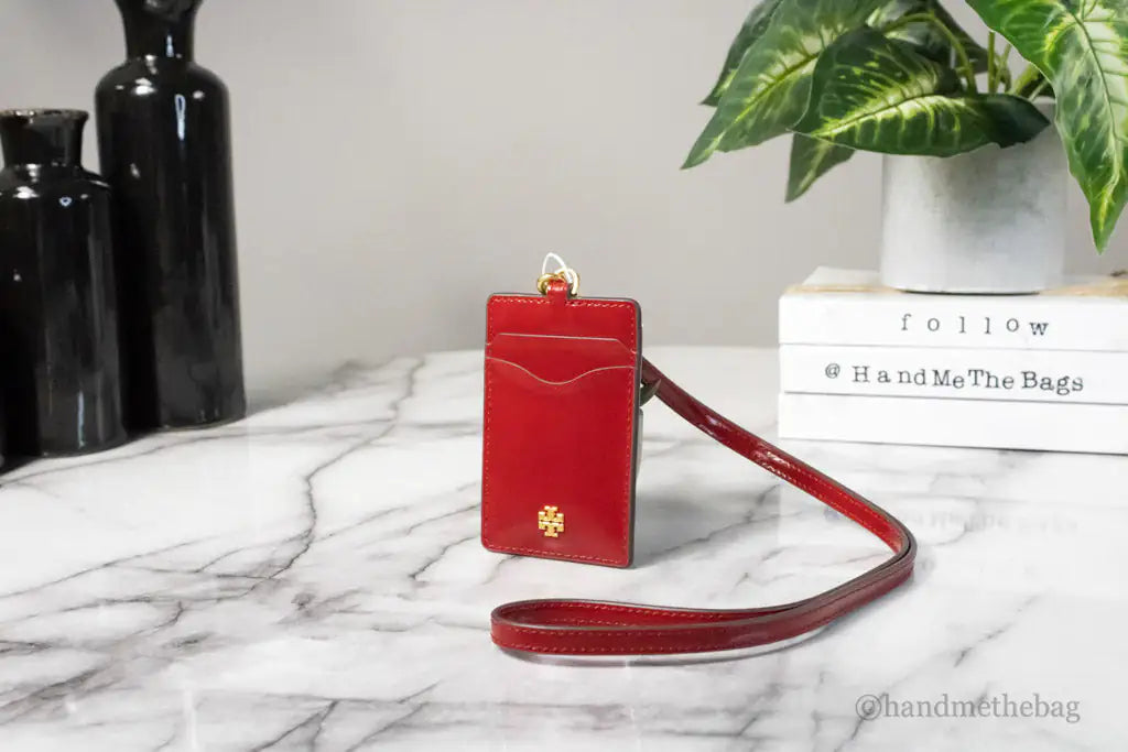 Tory Burch Emerson Lipstick Red Leather Lanyard Card Case