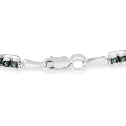 Jewelry Black Rhodium over .925 Sterling Silver 1.0 Cttw Rose Cut Diamond Double-Link 7" Tennis Bracelet (Blue Color, I1-I2 Clarity)