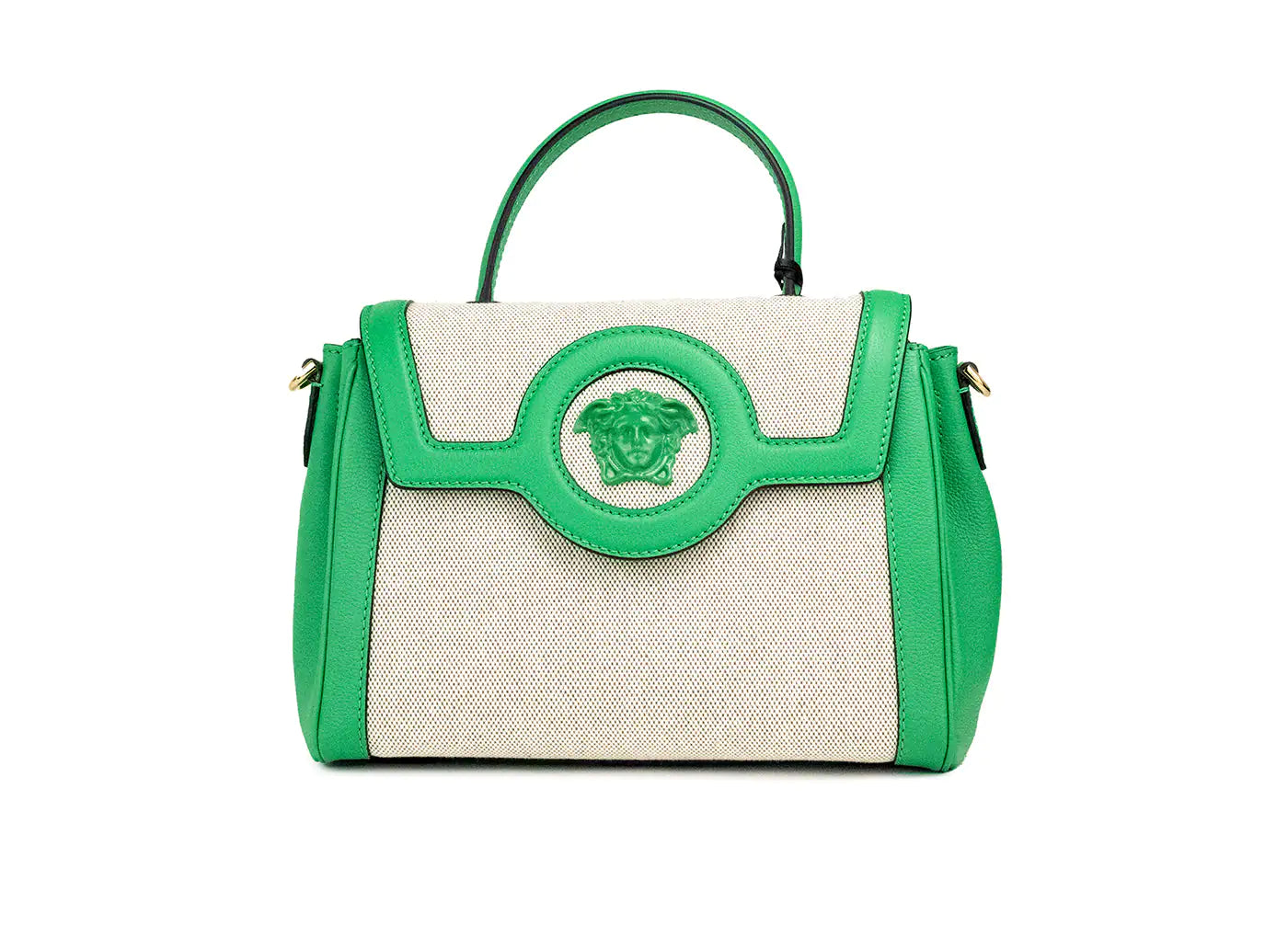 Bolso de mano pequeño de lona con cuerda verde brillante de Versace