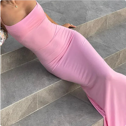 Vestido midi elegante con tirantes y espalda descubierta para mujer